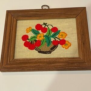 Vintage framed Crewel Embroidered art piece basket of Cherries and Flowers